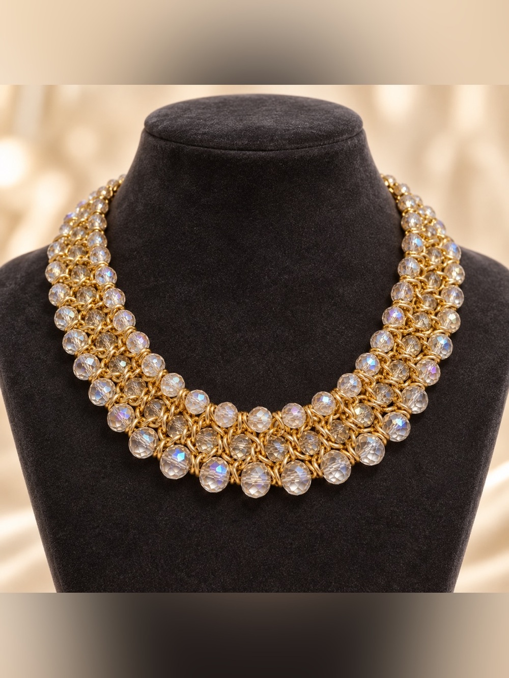 Vintage AB Crystal & Woven Gold-Tone Glamour Collar Bib Necklace